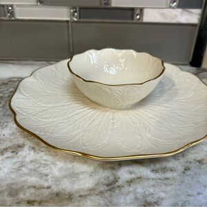 Lenox 10 In Greenfield Chip & Dip Platter Leaf Ivory Gold Trim Veggie Dish Tray.